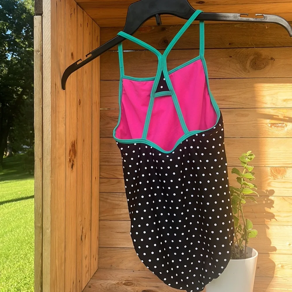 Girls Speedo Swimsuit Colorful Geometric One-Piece with Polka Dot Contrast Sz 12